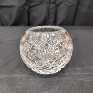 Vintage Cut Crystal Rose Bowl Round Clear Glass Starburst Crosshatch Vase image 1