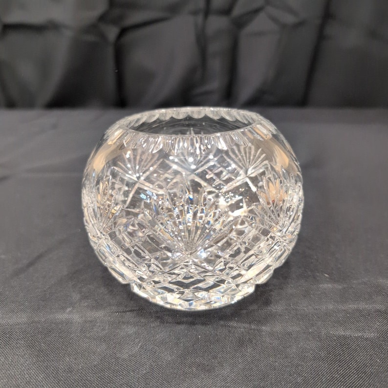 Vintage Cut Crystal Rose Bowl Round Clear Glass Starburst Crosshatch Vase image 1