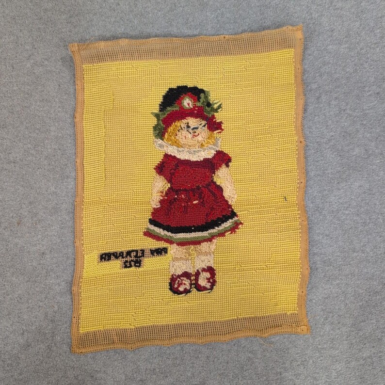 Vintage Fay Flapper 1922, tkanina artystyczna haftowana igłowo, żółto-czerwona, ręcznie robiona zdjęcie 4