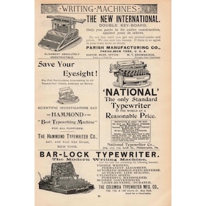 1892 Page of Machine Typewriter Print Advertisements Writing Machines Vintage Ad image 1