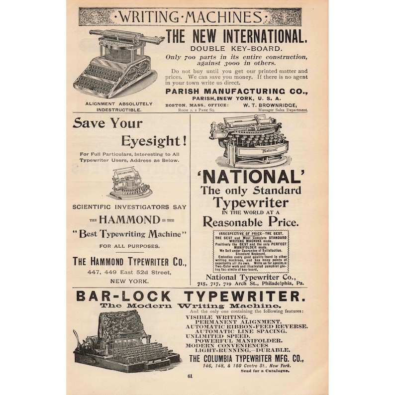 1892 Page of Machine Typewriter Print Advertisements Writing Machines Vintage Ad image 1
