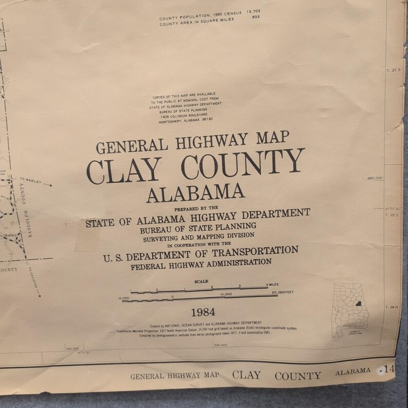 Big 1984 VTH General Highway Map Clay County Alabama State Highway Dept 4 x 3 Ft image 2