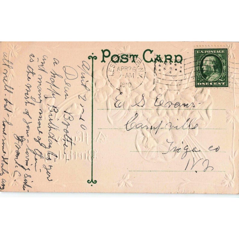 Vtg 1910 Embossed Birthday Postcard Purple Violets Gold Leaves Lestershire NY image 2
