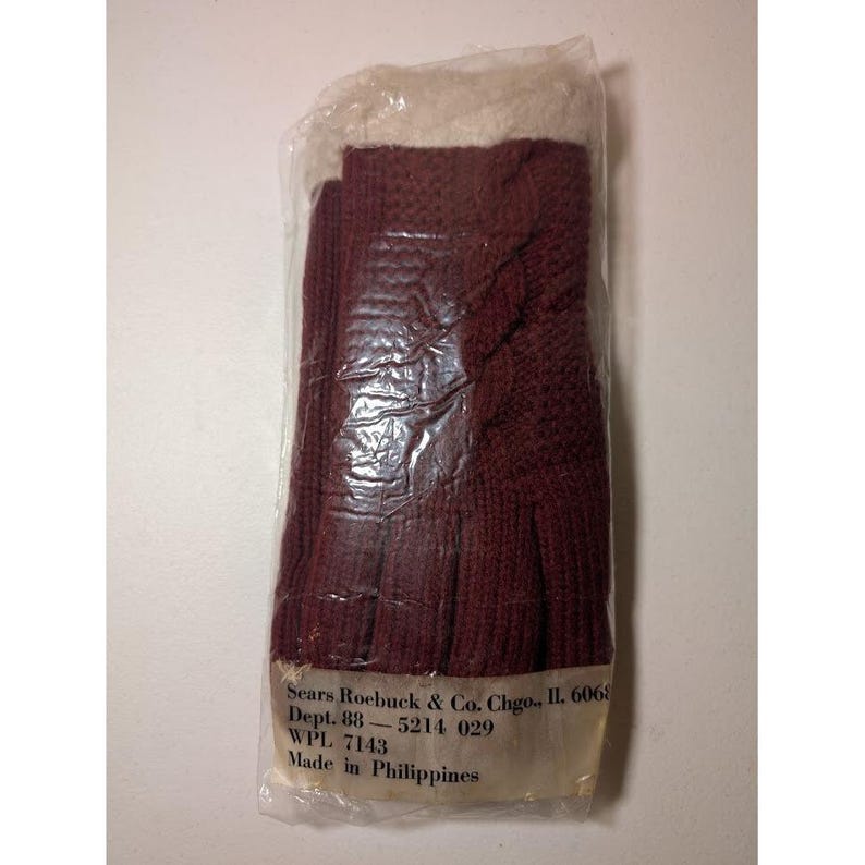 Vintage Sears Roebuck Cable Knit Gloves Burgundy Faux Fur Trim New Sealed image 1