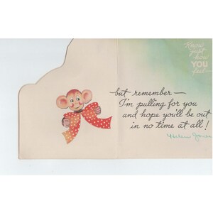Vintage 1950s Get Well Card Monkey Die Cut Mid Century Used Signed image 2