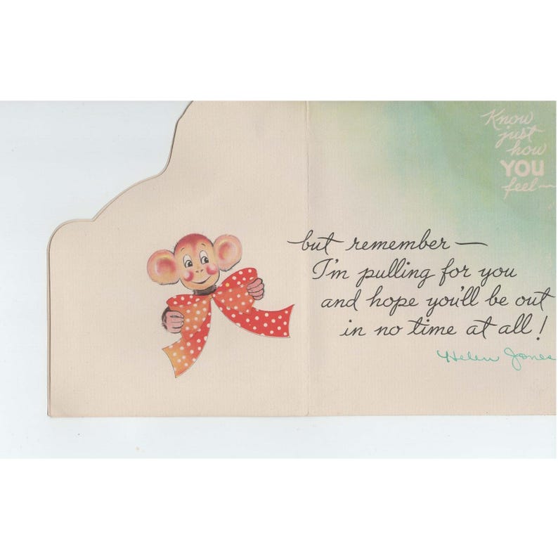 Vintage 1950s Get Well Card Monkey Die Cut Mid Century Used Signed image 2
