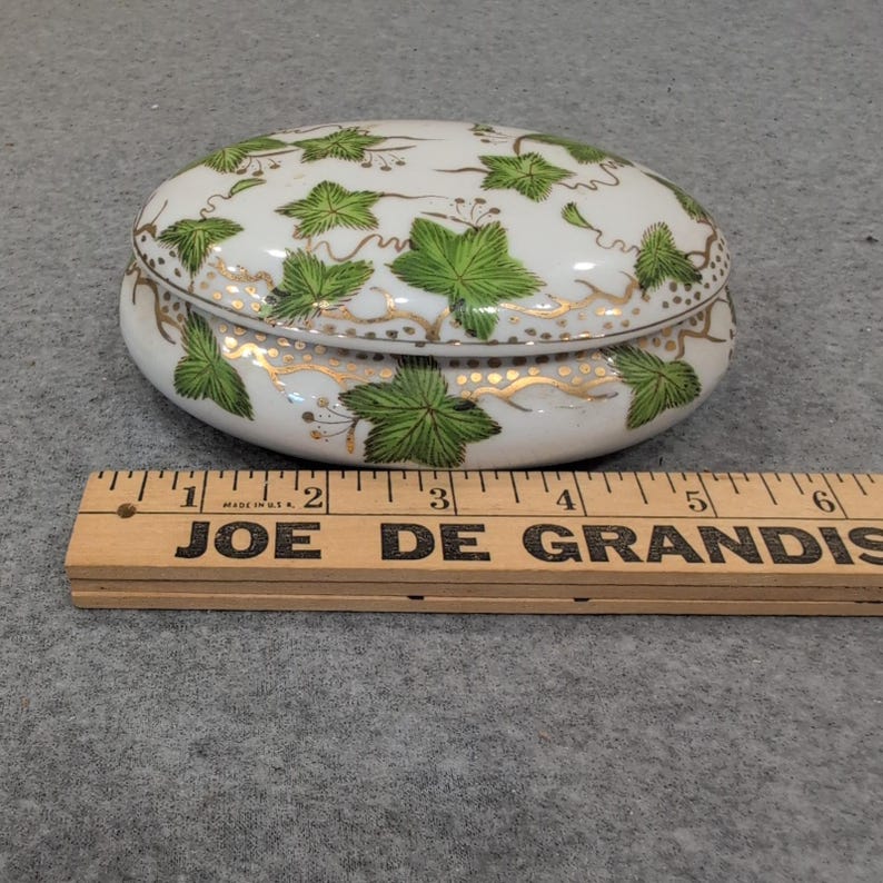 Boîte à bijoux ovale Paulux China Japon feuille d'or vert porcelaine blanche image 3