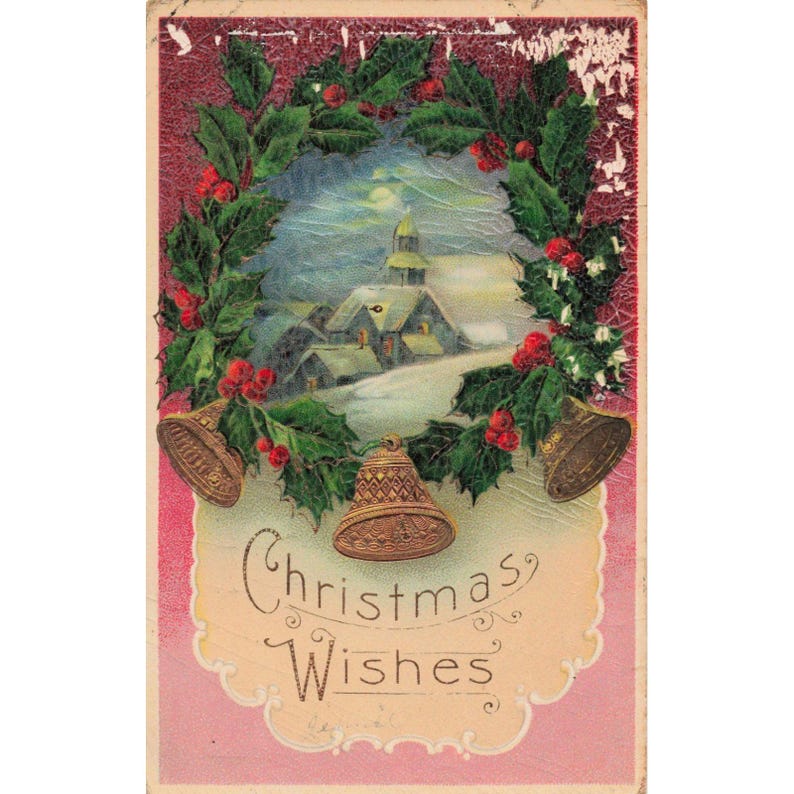 Vintage 1911 Christmas Wishes Postcard Holly Bells Snowy Church Union NY Stamp image 1