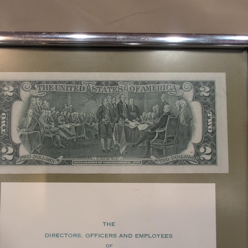 Framed Bank of Oxford (Alabama) Grand Opening Invitation with US Two Dollar Bill image 3