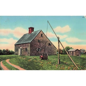 Vintage Jethro Coffin House Nantucket Massachusetts Linen Postcard 1961 Postmark image 1