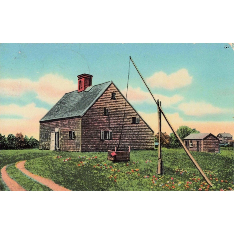 Vintage Jethro Coffin House Nantucket Massachusetts Linen Postcard 1961 Postmark image 1
