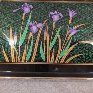Vintage Japanese Style Black Lacquer Nesting Serving Trays Purple Iris Set of 3 image 3