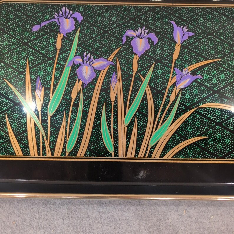 Vintage Japanese Style Black Lacquer Nesting Serving Trays Purple Iris Set of 3 image 3