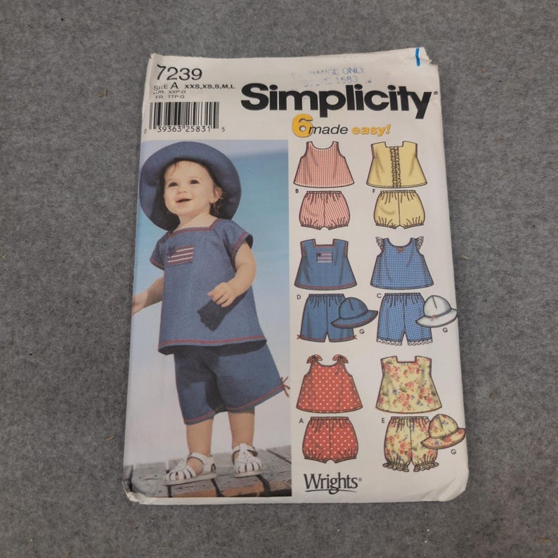 Simplicity 7239 Baby Toddler Sewing Pattern Tops Panties Hat Size XXS-L VG image 1