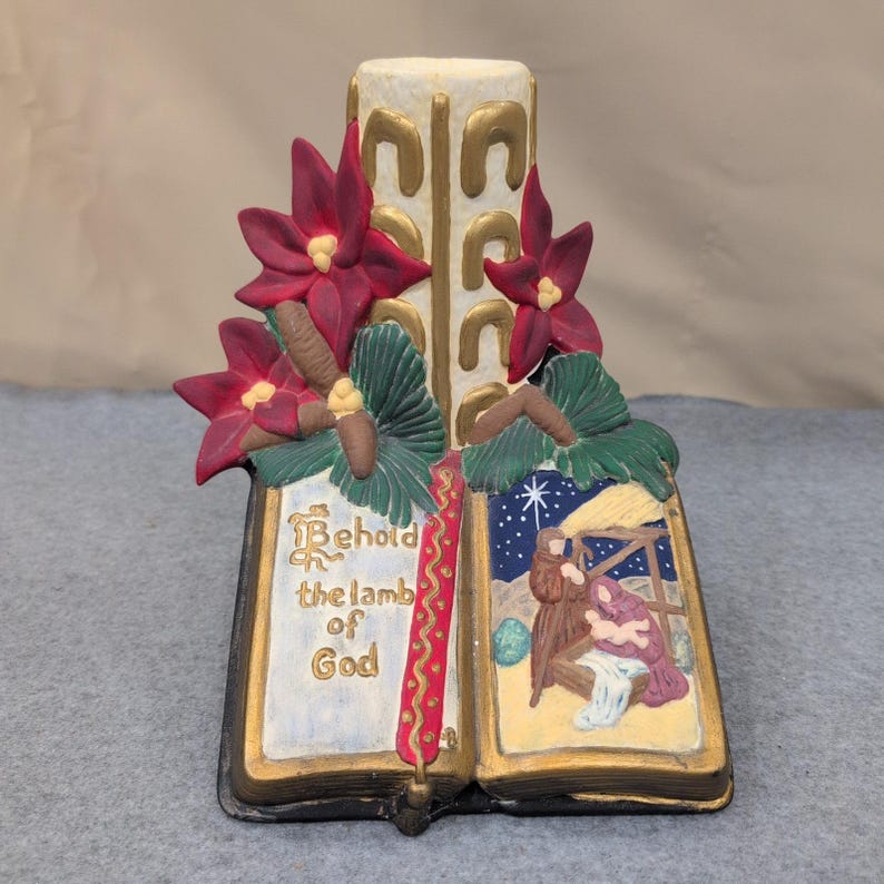 Atlantik Mould Vtg Keramik Krippenbuch Kerze Anzeige Erblicke das Lamm Gottes Bild 1