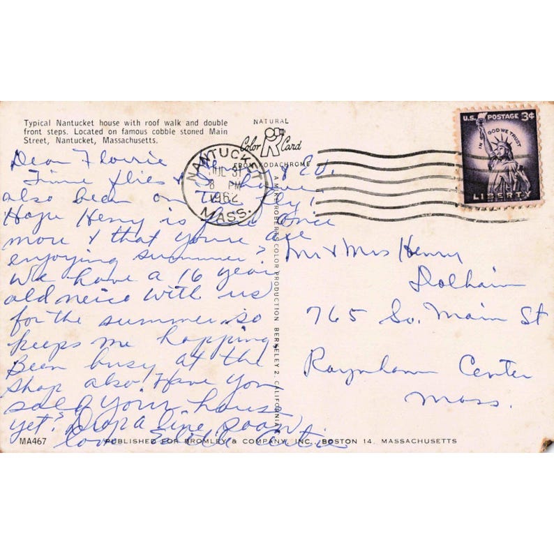 Vintage 1962 Nantucket MA Main Street House Roof Walk Postcard Bromley MA467 image 2