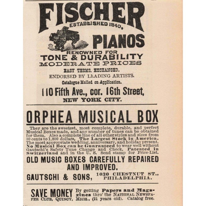 1891 Fischer Piano's Orphea Muziekdoos Oude muziekdoos Reparatieservice Afdrukadvertentie afbeelding 1