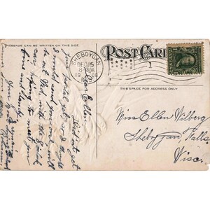 Cartão-postal antigo de 1908 com cravos vermelhos em relevo e carimbo postal de Sheboygan, WI. imagem 2