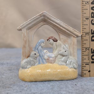 Ceramic Nativity Scene Figurine Holy Family Stable Candle Holder Glazed Blue Tan image 2