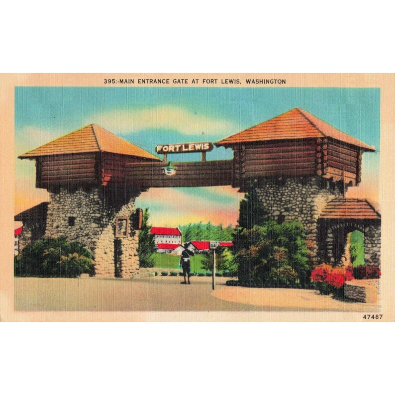 Vtg Fort Lewis Washington Main Entrance Gate Linen Postcard 395 47487 VG+ image 1