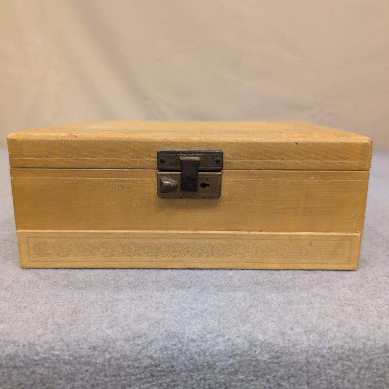 Vintage Tan Kunstleder Schmuck Box Teal Samt Futter Multi Tier Schublade Riegel Bild 1