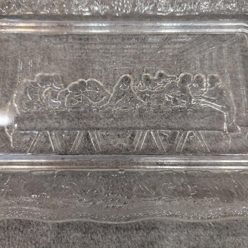 Tiara Indiana Glass Last Supper Bread Tray and Trinket Dish Set Clear Green image 2
