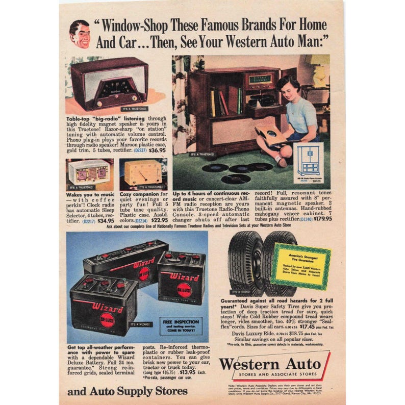 Vintage Western Auto Print Ad Truetone Radio Wizard Batteri Davis Däck 1950-talet bild 1