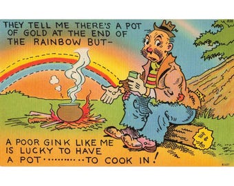 Vintage Tichnor Quality Views Linen Postcard Humorous Hobo Rainbow Pot of Gold