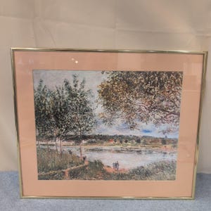 Impressionist River Landscape Framed Art Print Gold Tone Frame Peach Mat image 1