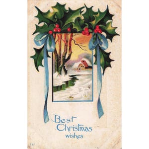 Carte postale de Noël vintage en relief, paysage d'hiver, houx, ruban bleu 581 image 1