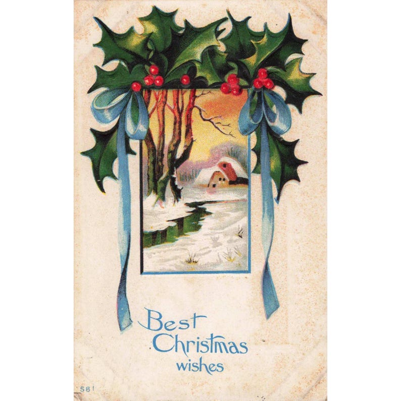Carte postale de Noël vintage en relief, paysage d'hiver, houx, ruban bleu 581 image 1