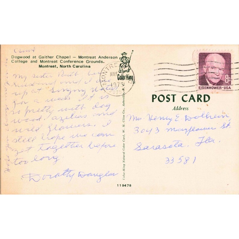 Vintage-Postkarte von Montreat, NC, Dogwood Gaither Chapel, Wasserfall, 1975, Color King Bild 2