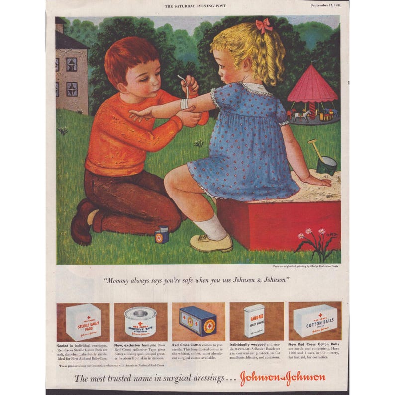 Anuncio impreso vintage de Johnson & Johnson de 1951: Primeros auxilios para niños. Arte de Gladys Rockmore Davis. imagen 1