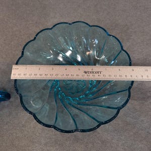 Vintage Blue Glassware Set Moon and Star Sugar Bowl & Scalloped Swirl Bowl Aqua image 6