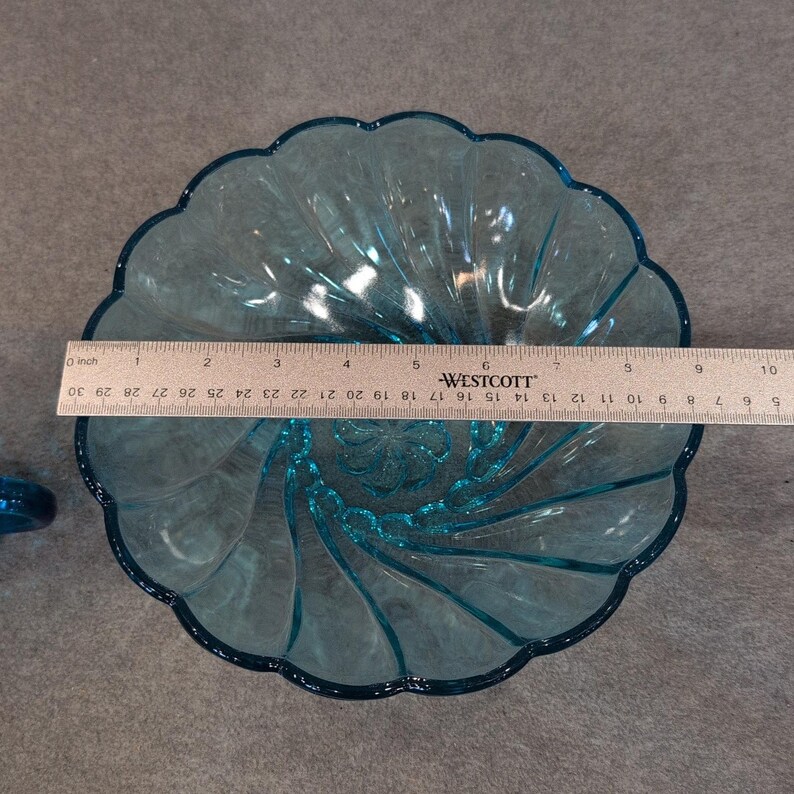 Vintage Blue Glassware Set Moon and Star Sugar Bowl & Scalloped Swirl Bowl Aqua image 6