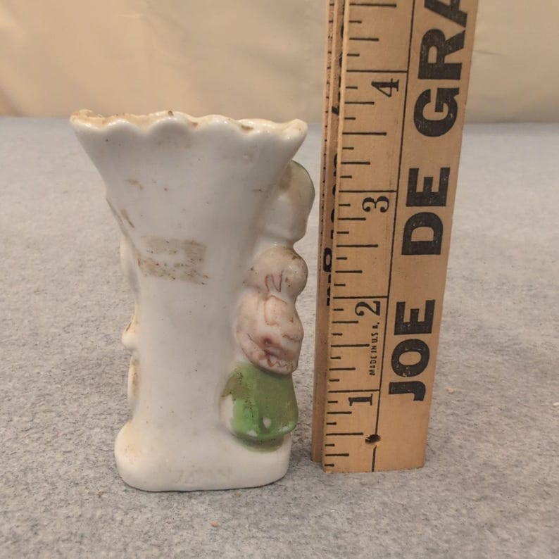 Vintage Ceramic Bud Vase Girl with Birds Made in Japan White Green Yellow image 2