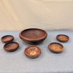 Vintage Mid Century Modern Solid Wood Salad Bowl Set 6 Piece Brown MCM image 1