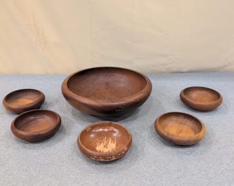 Vintage Mid Century Modern Solid Wood Salad Bowl Set 6 Piece Brown MCM