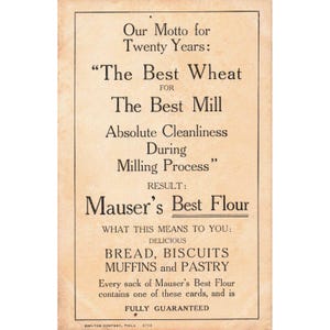 Vintage Mauser Mill Co Mauser's Best Flour Reklamowa Karta Towarowa Laurys PA VG zdjęcie 2