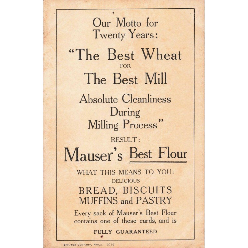 Vintage Mauser Mill Co Mauser's Best Flour Reklamowa Karta Towarowa Laurys PA VG zdjęcie 2