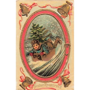 Antique Embossed Xmas Postcard Child Sledding Bells Vtg 803/2 Divided Back image 1