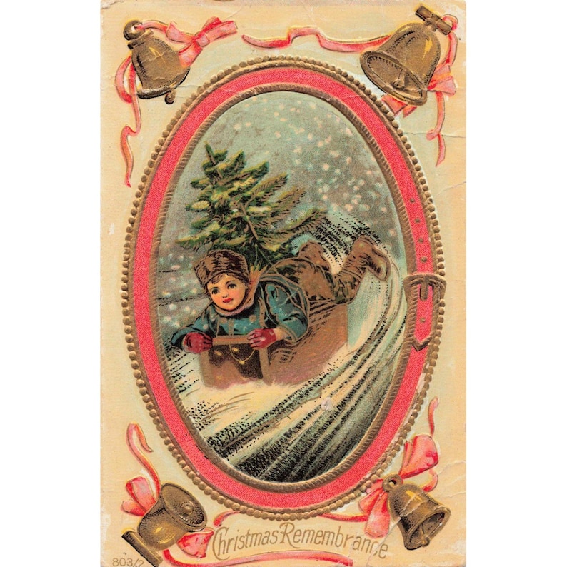 Antique Embossed Xmas Postcard Child Sledding Bells Vtg 803/2 Divided Back image 1