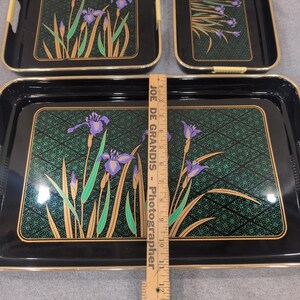 Vintage Japanese Style Black Lacquer Nesting Serving Trays Purple Iris Set of 3 image 6