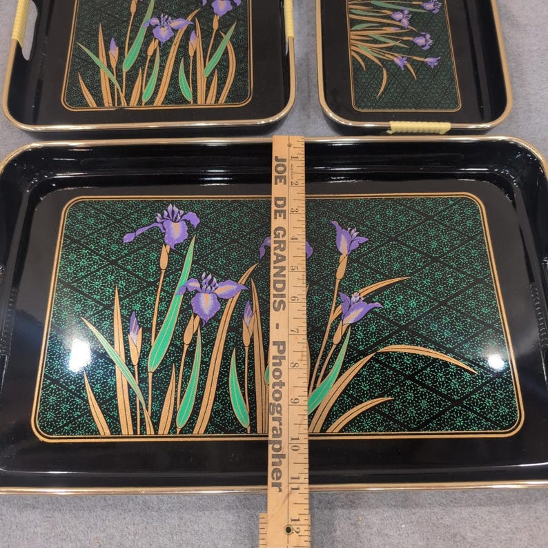 Vintage Japanese Style Black Lacquer Nesting Serving Trays Purple Iris Set of 3 image 6