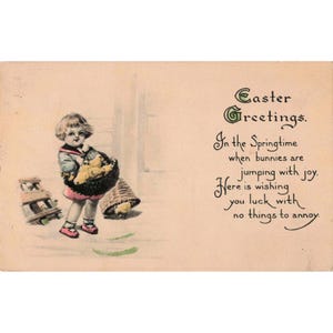 Carte postale de Pâques vintage de 1915, fille avec poussins, cachet postal de Sheboygan, Wisconsin image 1