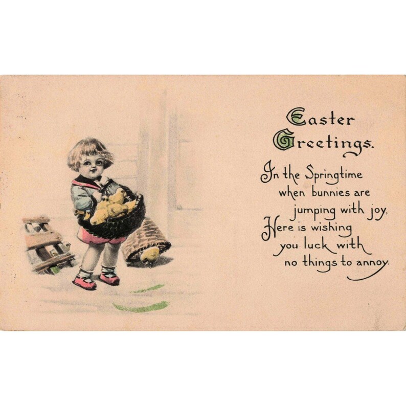 Carte postale de Pâques vintage de 1915, fille avec poussins, cachet postal de Sheboygan, Wisconsin image 1