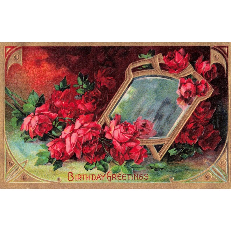 Cartolina d'epoca per auguri di compleanno con rose rosse e specchio dorato in rilievo, Germania 1600. immagine 1