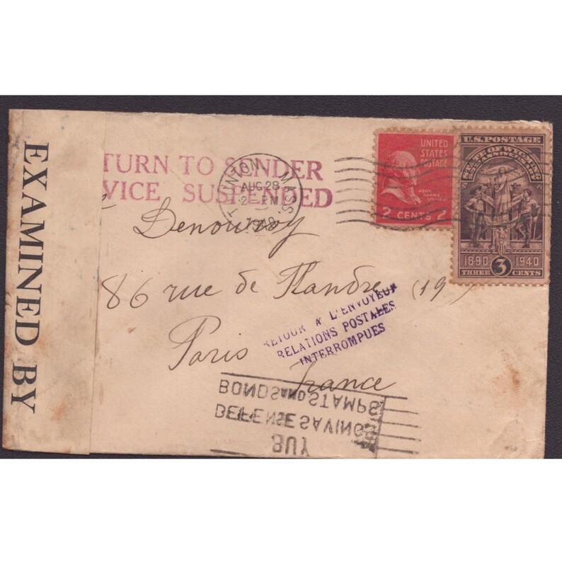 Tweede Wereldoorlog 1941 Gecensureerde envelop Raynham MA naar Parijs Frankrijk Postzegels in opgeschorte dienst afbeelding 1