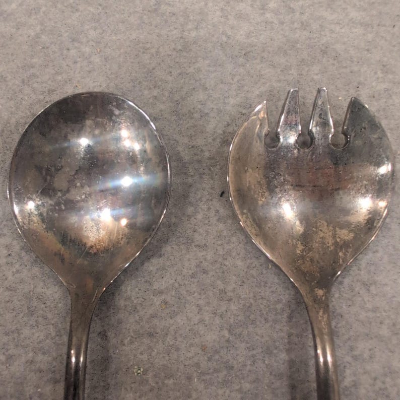 Vintage Silver Plated Salad Serving Set Spoon and Fork Two Piece Tarnish Finish image 2