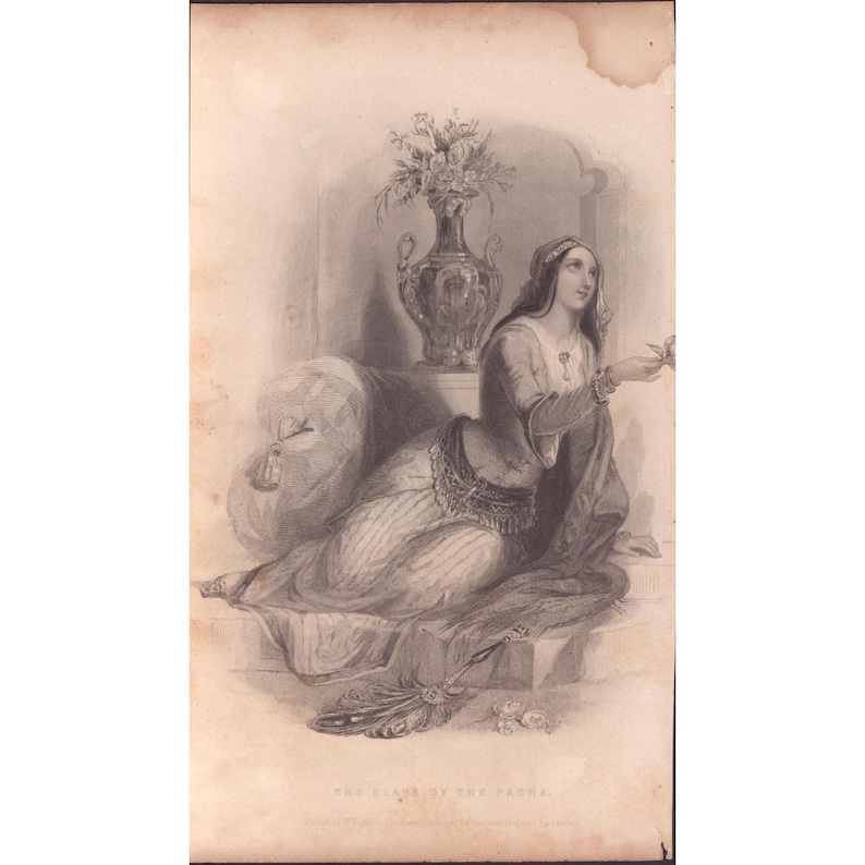 Antique The Slave of the Pacha Steel Engraving Grahams Magazine W Perring Art image 1